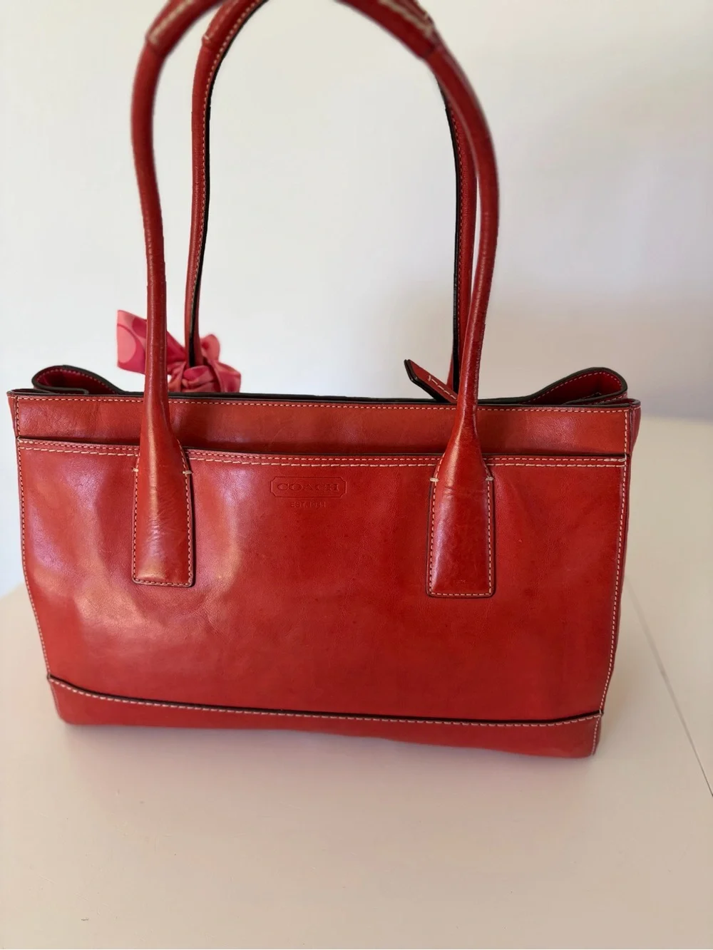 Coach Hamptons Madeline Large Leather Tote 11554 Red Orange Turnlock Scarf